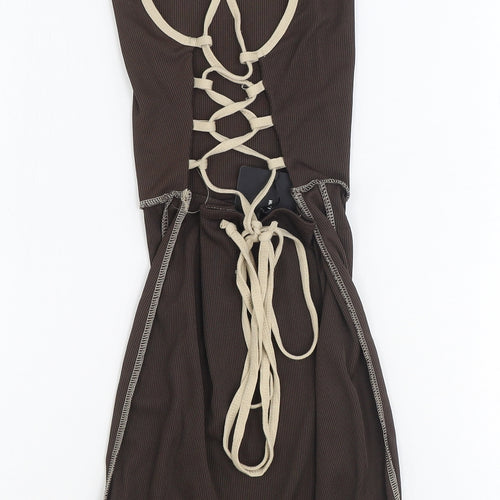 PRETTYLITTLETHING Womens Brown Polyester Bodycon Size 8 Square Neck Tie