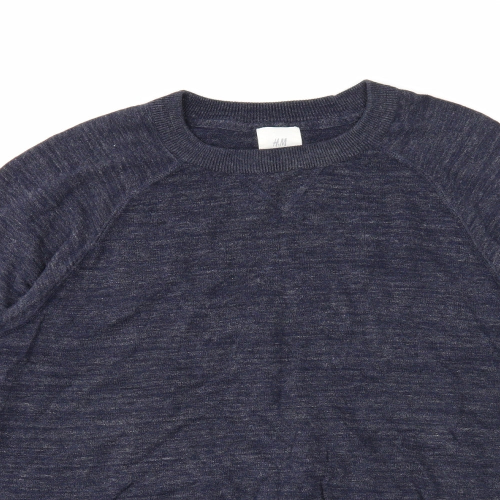 H&M Mens Blue Round Neck Cotton Pullover Jumper Size XL Long Sleeve