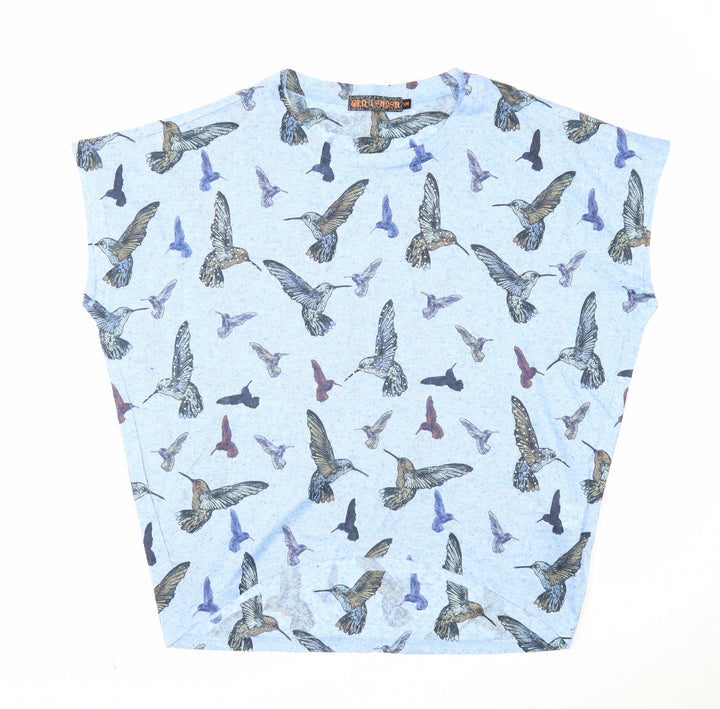 QED London Womens Blue Geometric Polyester Basic T-Shirt Size S Round Neck - Bird Pattern