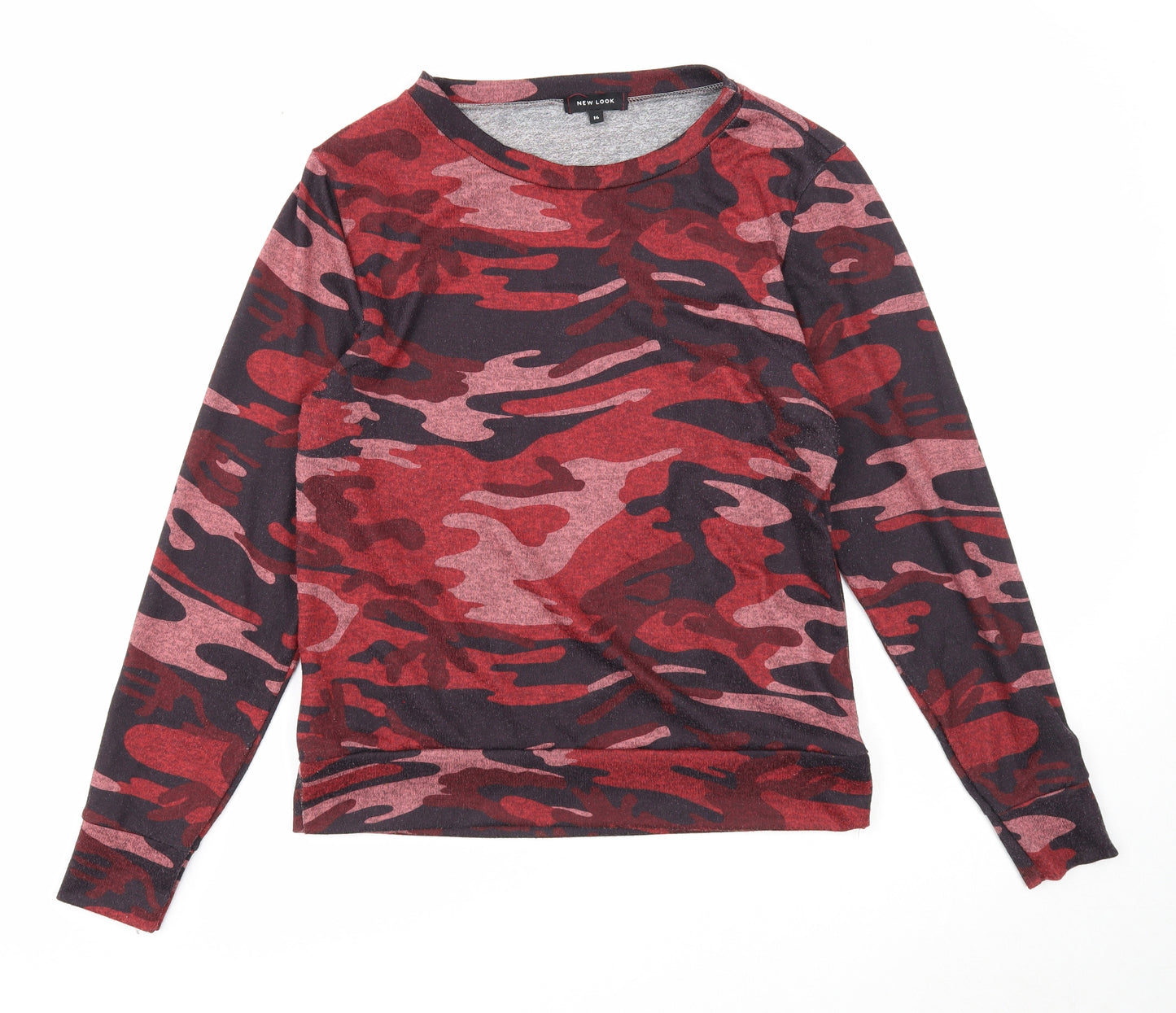New Look Womens Red Round Neck Camouflage Polyester Pullover Jumper Size 14