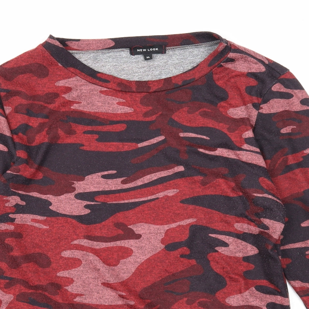 New Look Womens Red Round Neck Camouflage Polyester Pullover Jumper Size 14