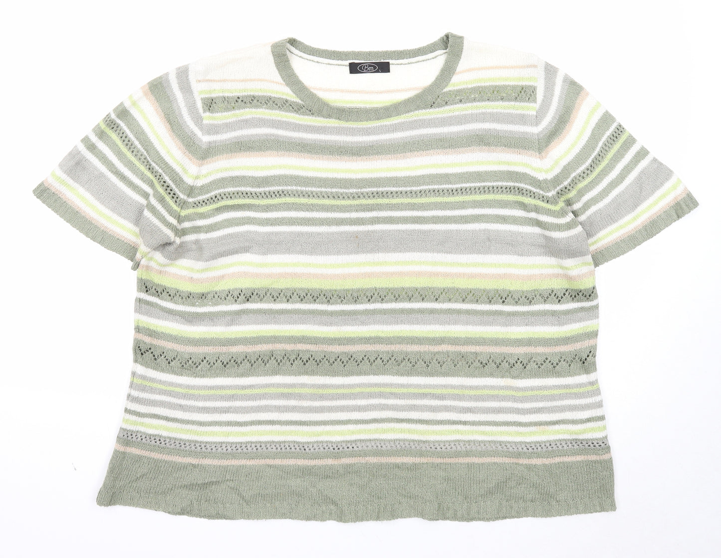 Bonmarché Womens Green Round Neck Striped Acrylic Pullover Jumper Size L