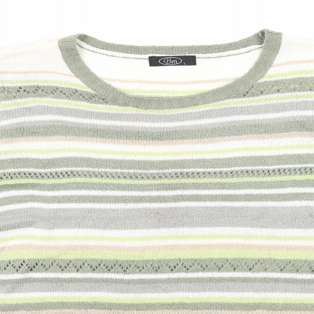 Bonmarché Womens Green Round Neck Striped Acrylic Pullover Jumper Size L