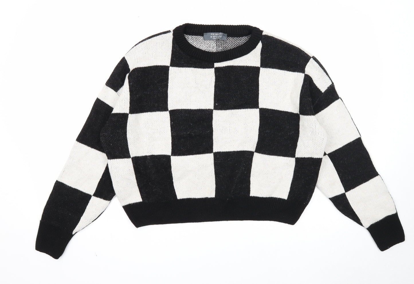 Primark Womens Black Round Neck Check Acrylic Pullover Jumper Size 12