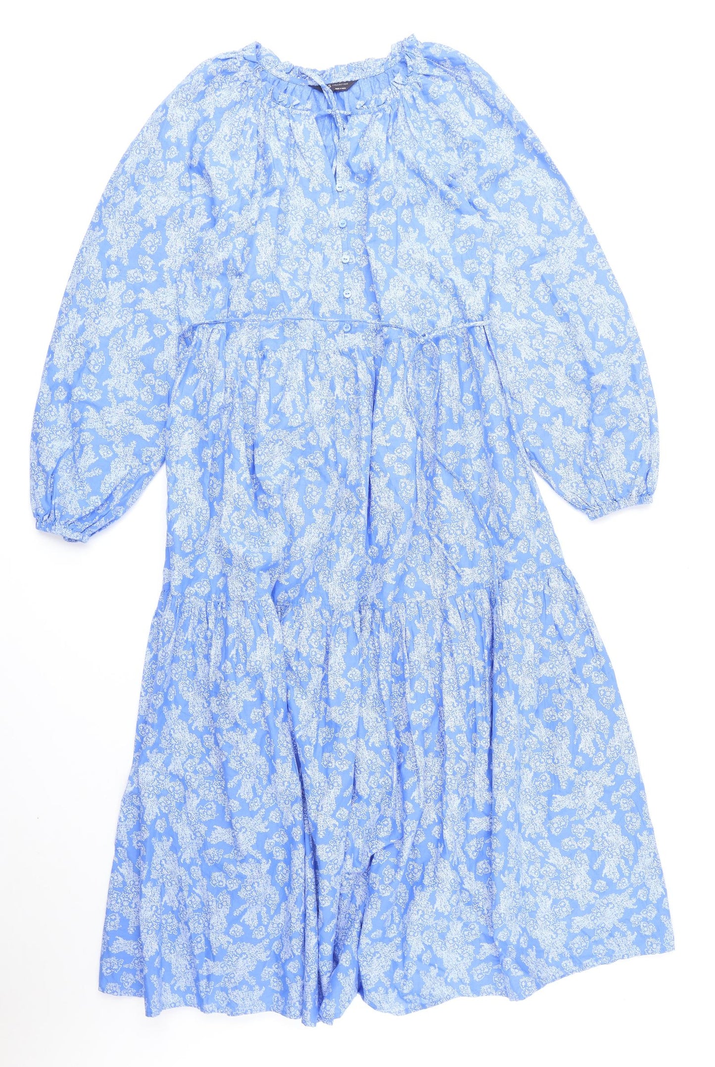Marks and Spencer Womens Blue Floral 100% Cotton A-Line Size 10 Boat Neck Pullover