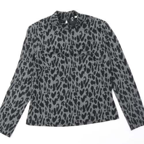 Warehouse Womens Black Mock Neck Animal Print Polyester Pullover Jumper Size 10