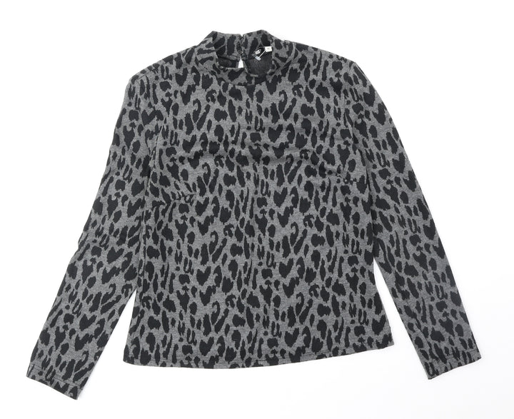 Warehouse Womens Black Mock Neck Animal Print Polyester Pullover Jumper Size 10