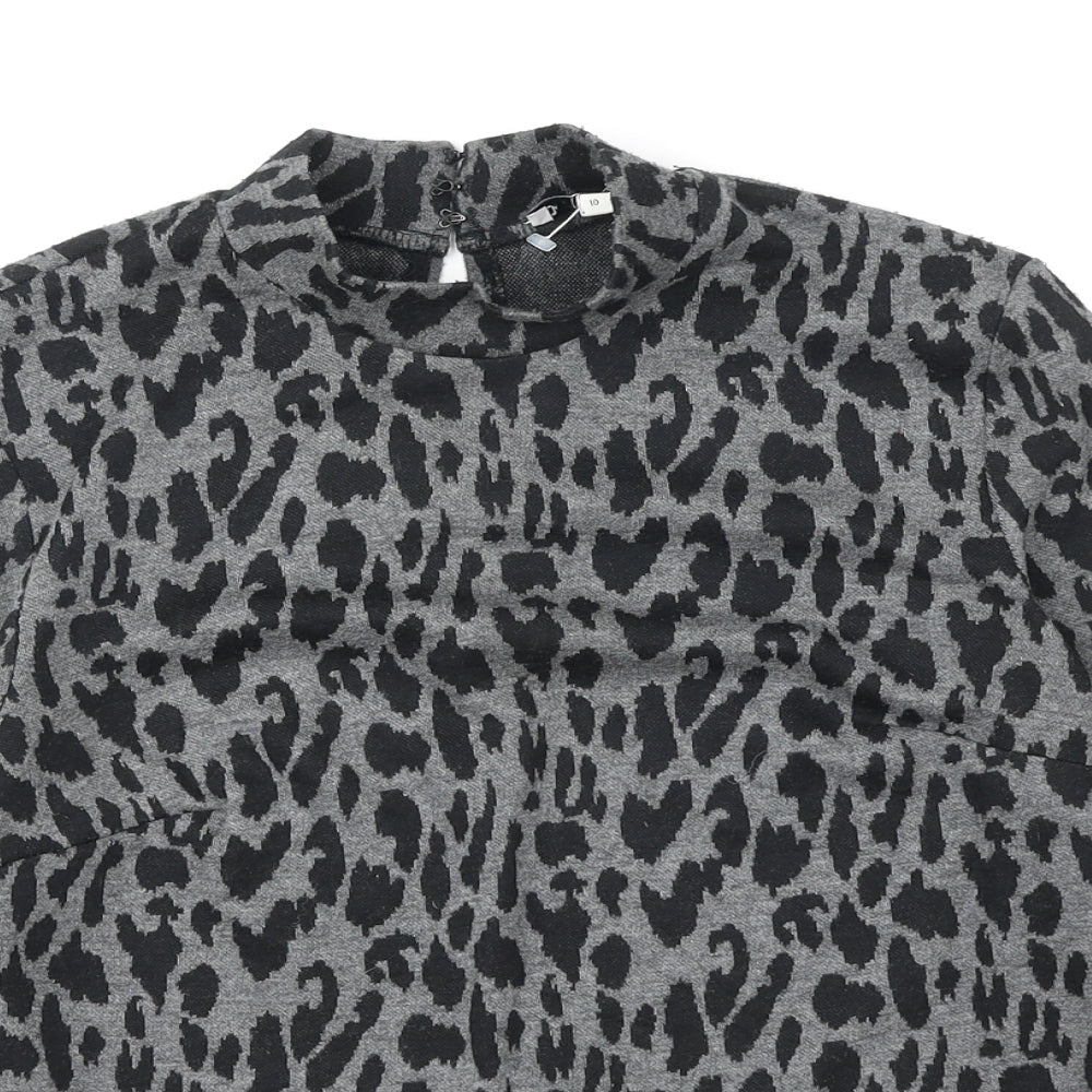 Warehouse Womens Black Mock Neck Animal Print Polyester Pullover Jumper Size 10
