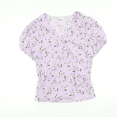 Papaya Womens Purple Floral Viscose Wrap T-Shirt Size 12 V-Neck - Faux Wrap