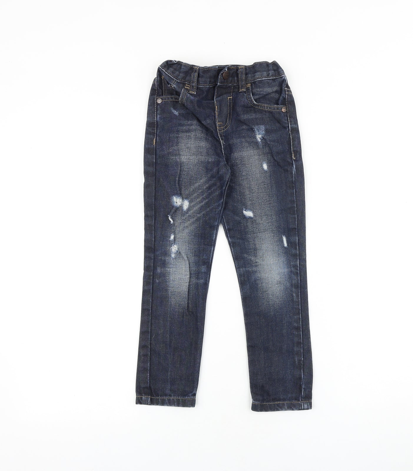 F&F Boys Blue 100% Cotton Skinny Jeans Size 4-5 Years Regular Snap - Distressed