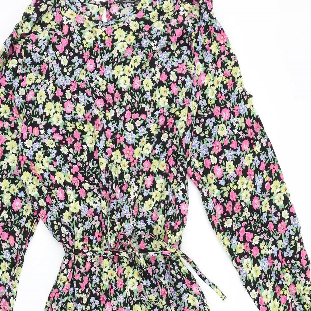 Marks and Spencer Womens Black Floral Viscose A-Line Size 12 Round Neck Tie