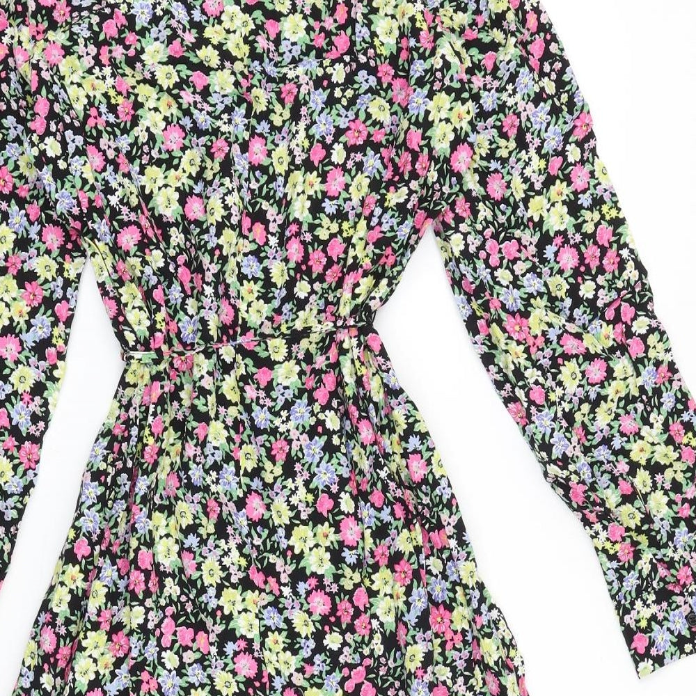 Marks and Spencer Womens Black Floral Viscose A-Line Size 12 Round Neck Tie