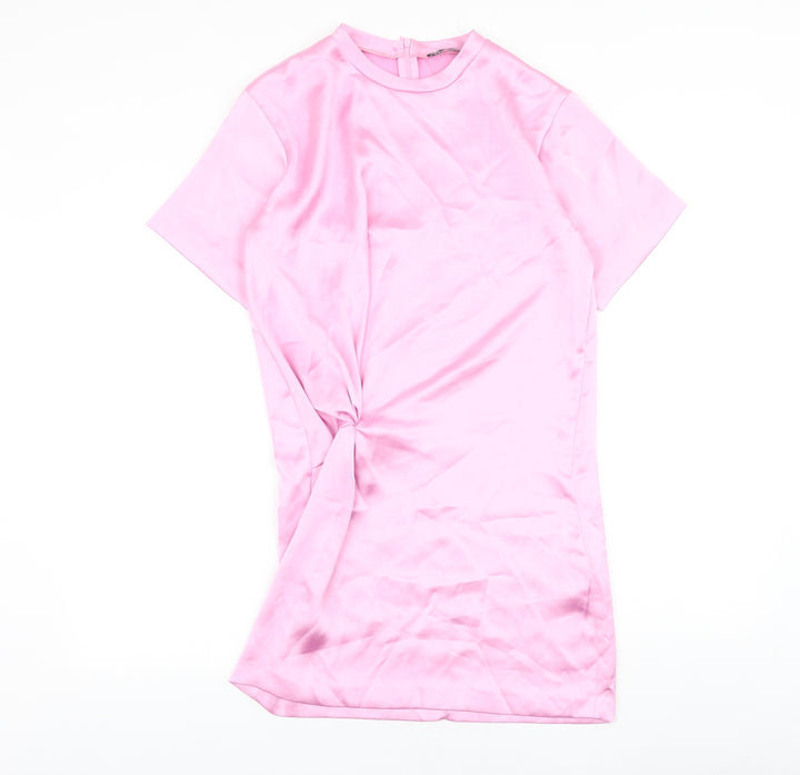 Zara Womens Pink Polyester T-Shirt Dress Size XS Round Neck Zip - Knot Front