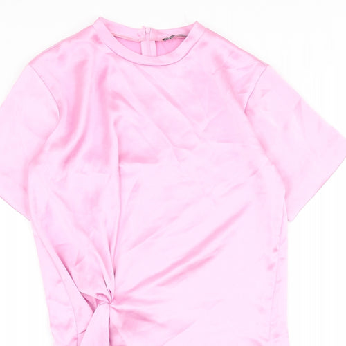 Zara Womens Pink Polyester T-Shirt Dress Size XS Round Neck Zip - Knot Front