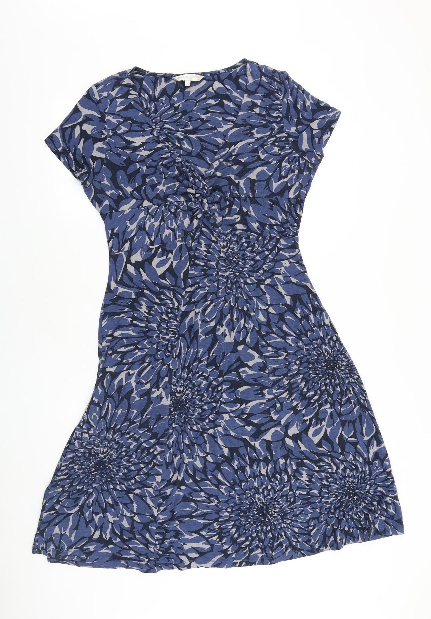 John Rocha Womens Blue Floral 100% Cotton A-Line Size 14 V-Neck Pullover
