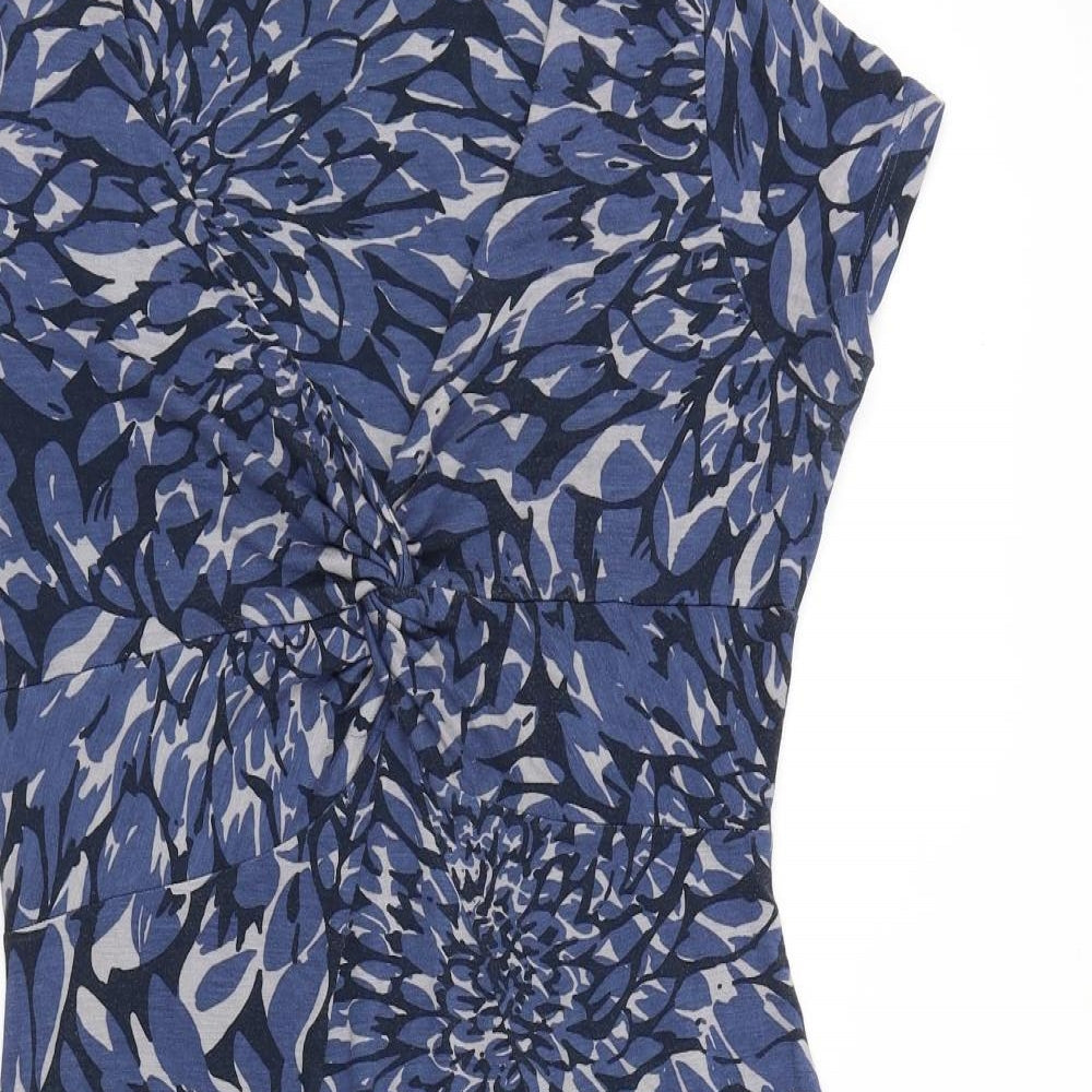 John Rocha Womens Blue Floral 100% Cotton A-Line Size 14 V-Neck Pullover