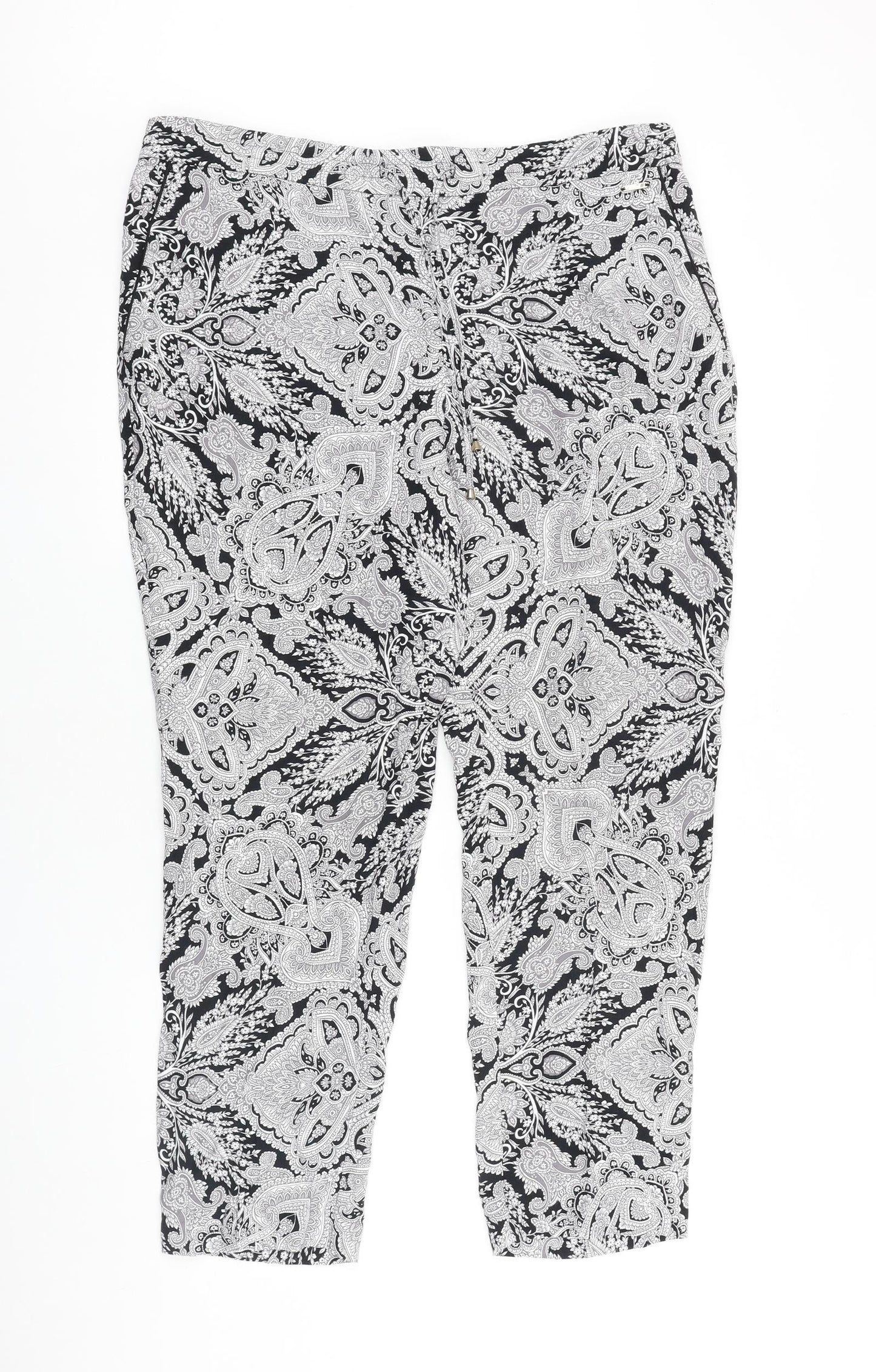Marks and Spencer Womens Black Geometric Polyester Trousers Size 16 L27 in Regular Drawstring