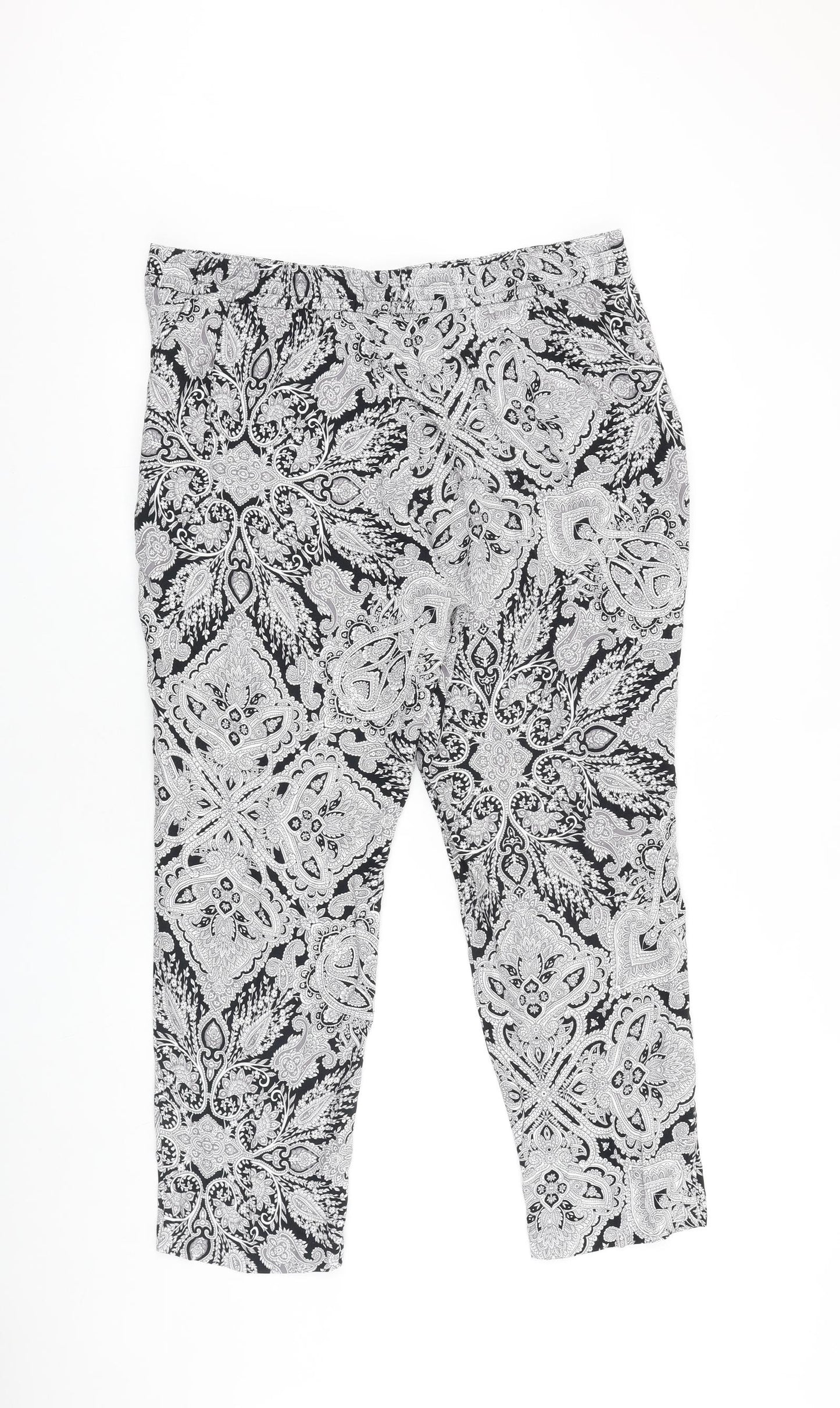 Marks and Spencer Womens Black Geometric Polyester Trousers Size 16 L27 in Regular Drawstring