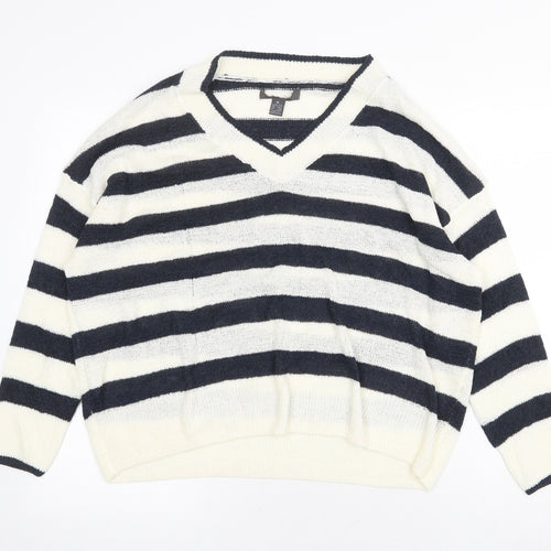 Primark Womens White V-Neck Striped Acrylic Pullover Jumper Size M