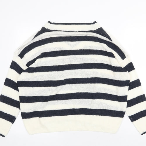 Primark Womens White V-Neck Striped Acrylic Pullover Jumper Size M