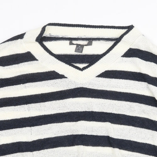 Primark Womens White V-Neck Striped Acrylic Pullover Jumper Size M