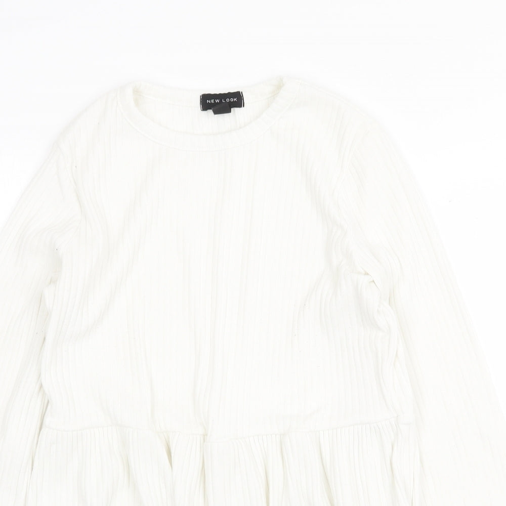 New Look Womens White Polyester Tunic Blouse Size 10 Boat Neck - Ribbed Smock Peplum