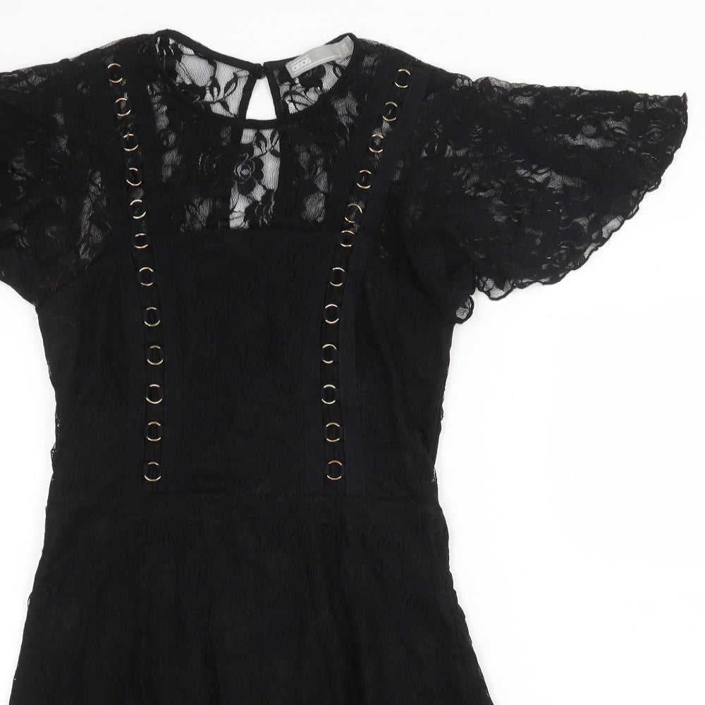 ASOS Womens Black Floral Nylon Fit & Flare Size 12 Round Neck Zip