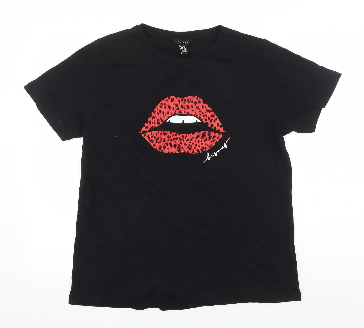 New Look Womens Black 100% Cotton Basic T-Shirt Size 14 Round Neck - Lips