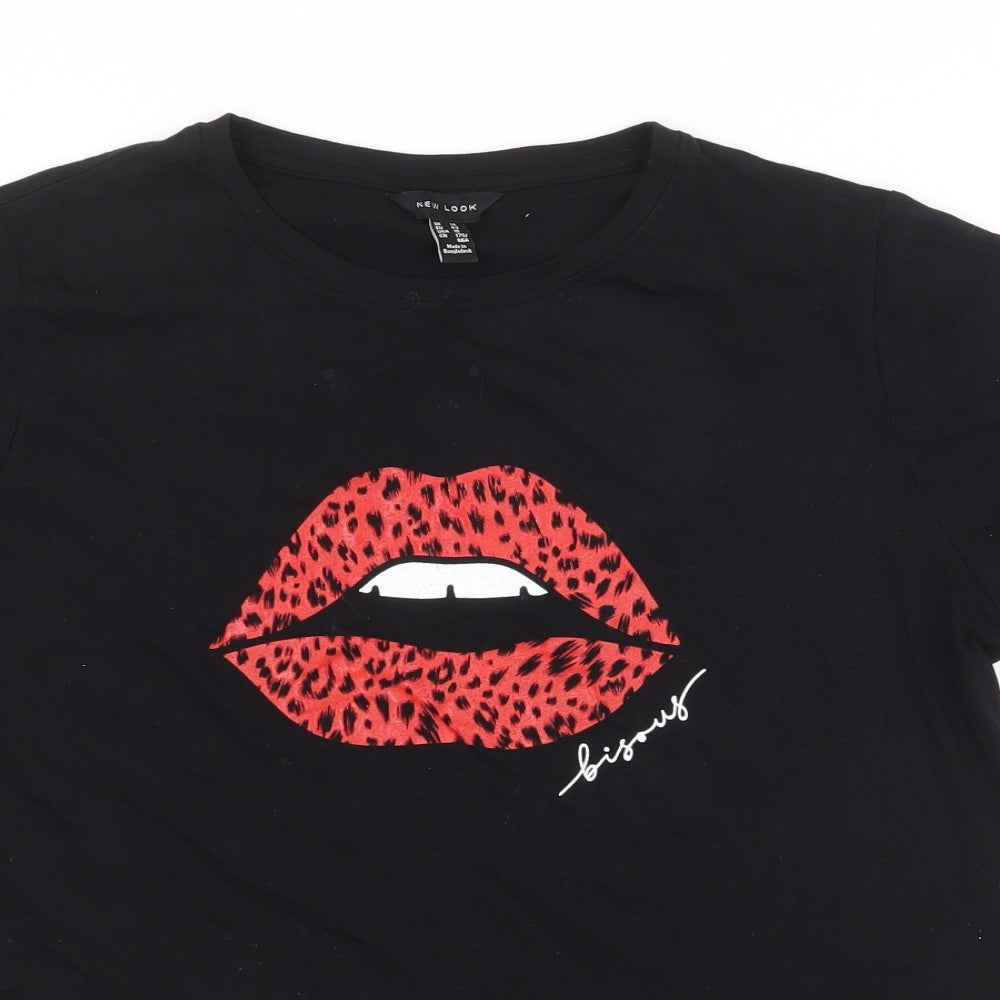 New Look Womens Black 100% Cotton Basic T-Shirt Size 14 Round Neck - Lips