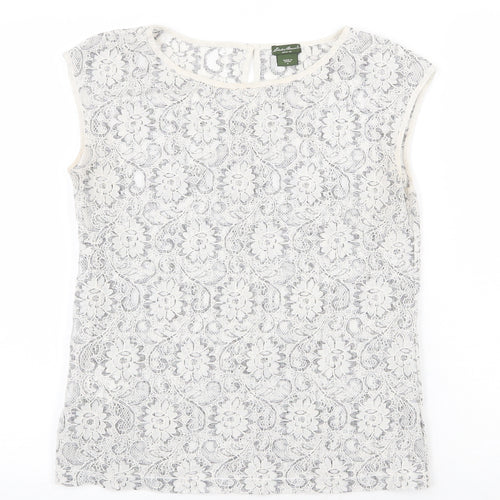 Eddie Bauer Womens Grey Floral Cotton Basic Blouse Size S Round Neck
