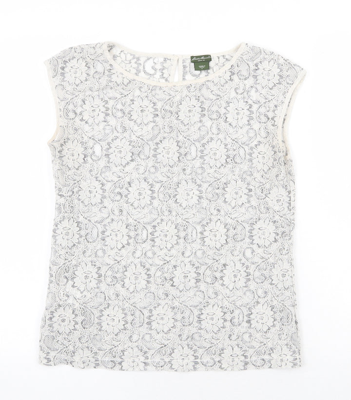 Eddie Bauer Womens Grey Floral Cotton Basic Blouse Size S Round Neck