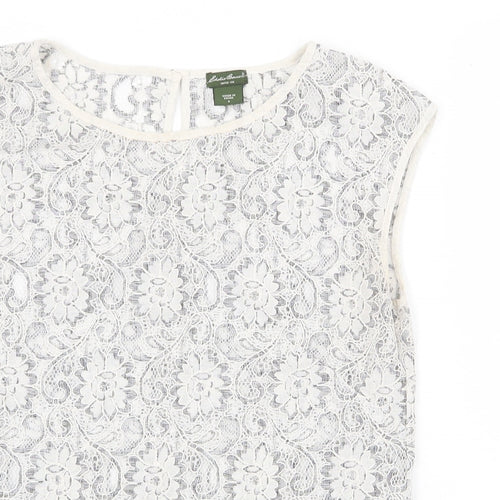 Eddie Bauer Womens Grey Floral Cotton Basic Blouse Size S Round Neck