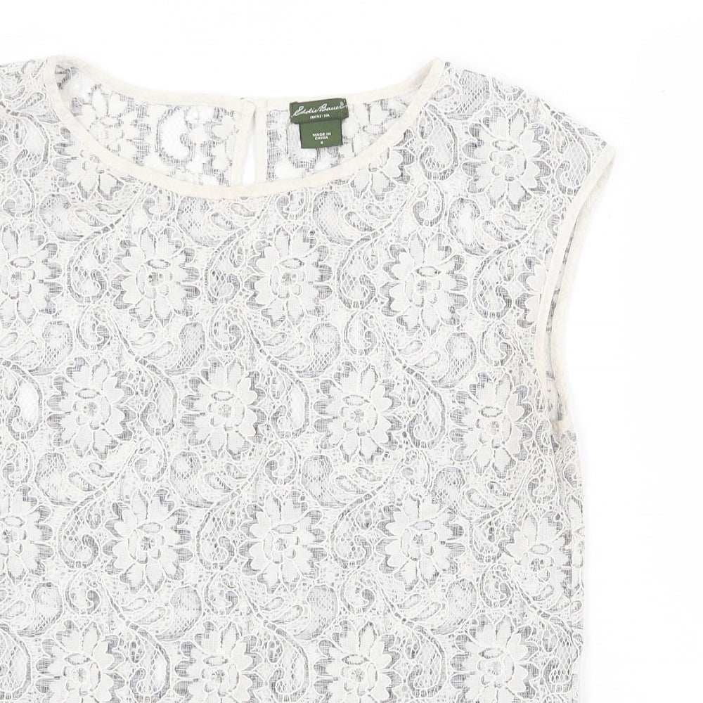Eddie Bauer Womens Grey Floral Cotton Basic Blouse Size S Round Neck
