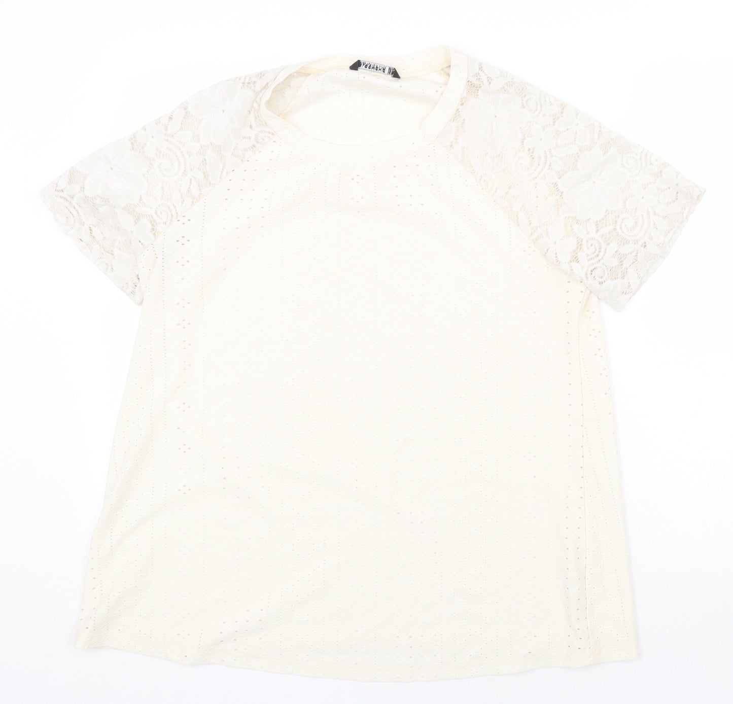 Bloomchic Womens Ivory Polyester Basic T-Shirt Size 10 Round Neck - Lace Sleeve