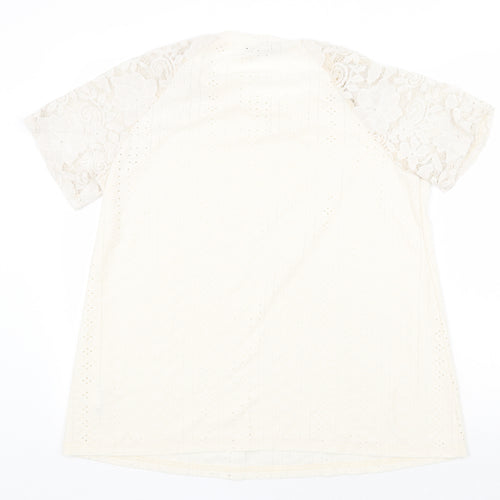 Bloomchic Womens Ivory Polyester Basic T-Shirt Size 10 Round Neck - Lace Sleeve