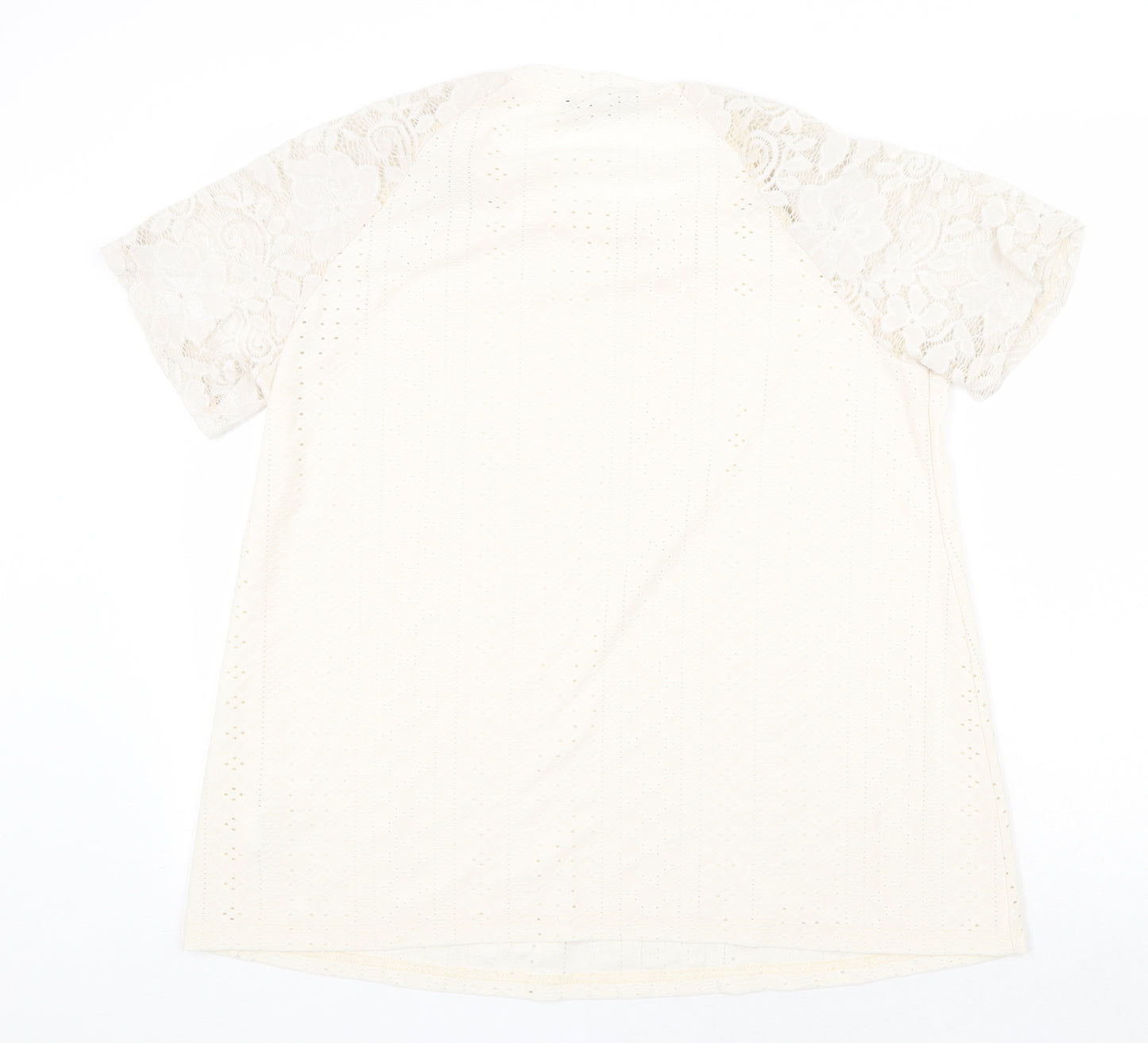 Bloomchic Womens Ivory Polyester Basic T-Shirt Size 10 Round Neck - Lace Sleeve
