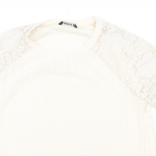 Bloomchic Womens Ivory Polyester Basic T-Shirt Size 10 Round Neck - Lace Sleeve
