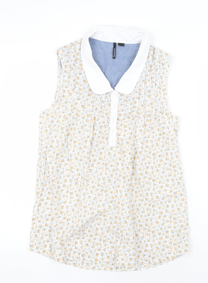 Fenchurch Womens White Floral 100% Cotton Basic Blouse Size S V-Neck