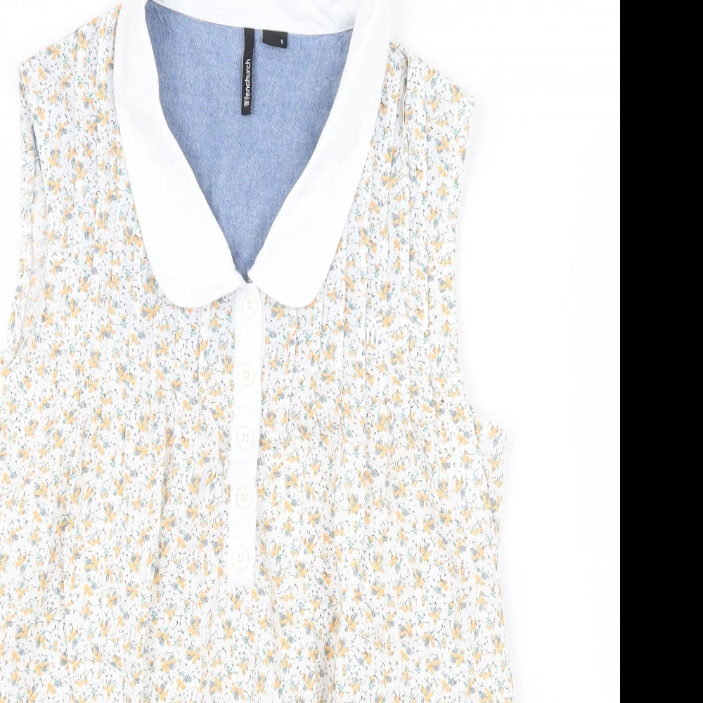 Fenchurch Womens White Floral 100% Cotton Basic Blouse Size S V-Neck
