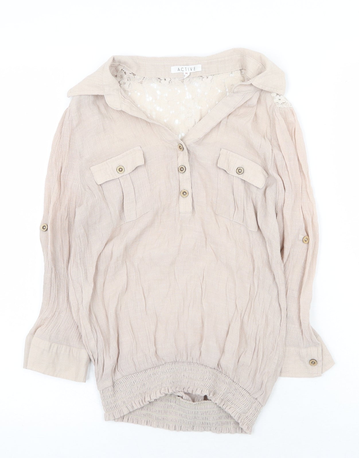 Active Womens Beige Cotton Basic Blouse Size M V-Neck - Lace Detail