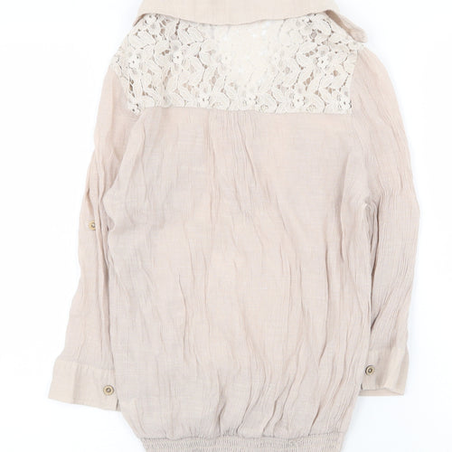 Active Womens Beige Cotton Basic Blouse Size M V-Neck - Lace Detail