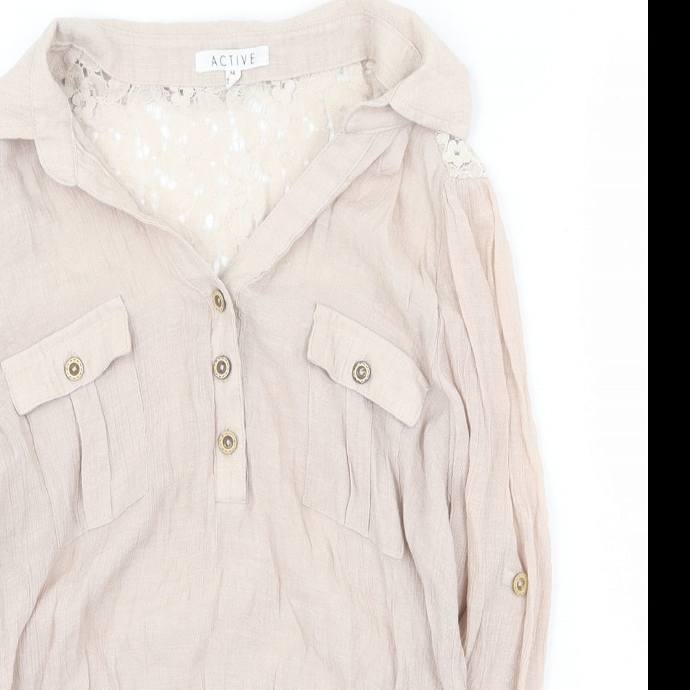 Active Womens Beige Cotton Basic Blouse Size M V-Neck - Lace Detail