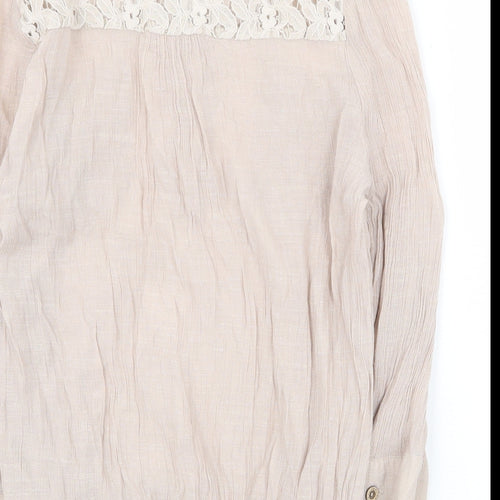 Active Womens Beige Cotton Basic Blouse Size M V-Neck - Lace Detail