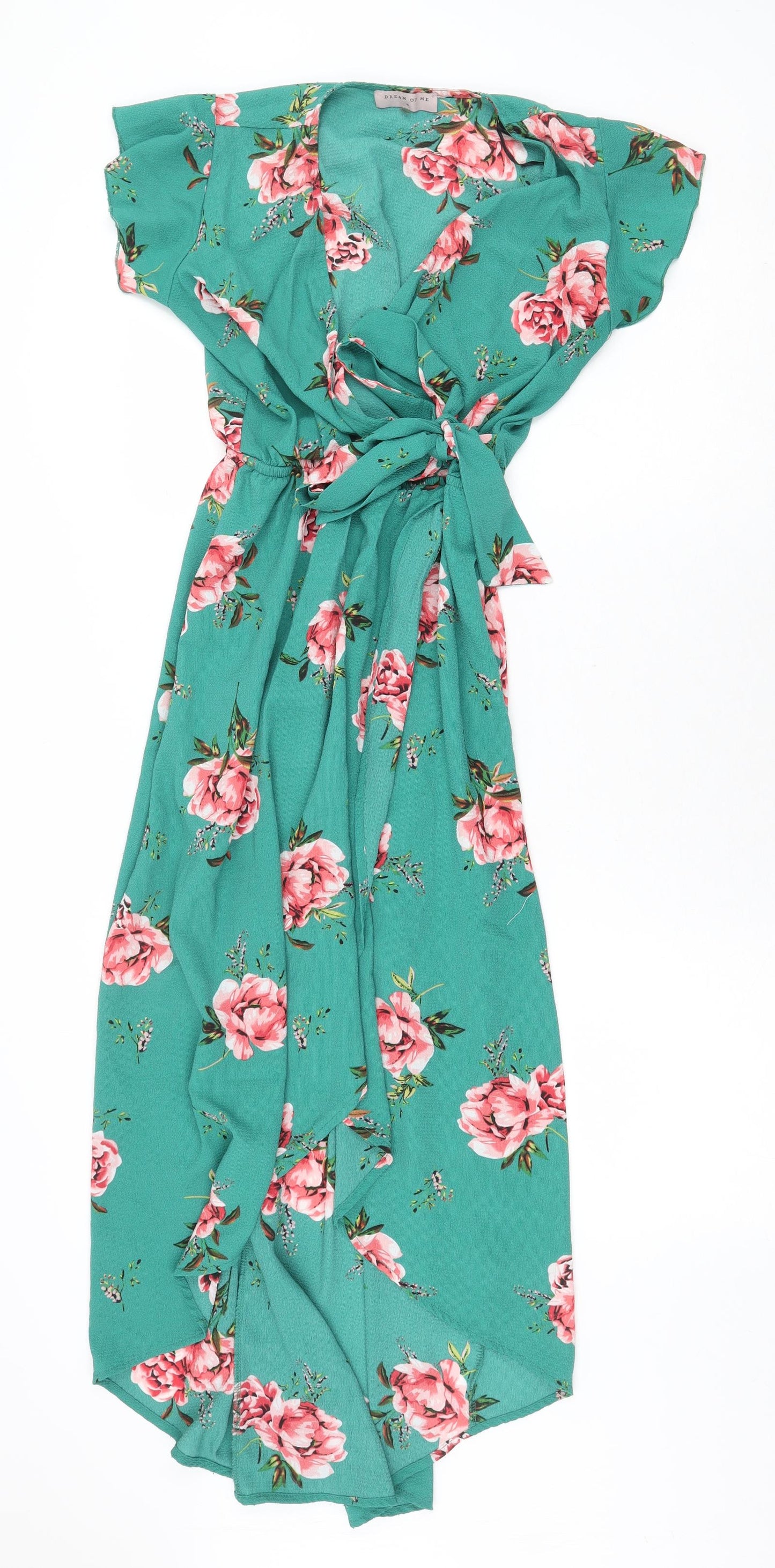 Dream Of Me Womens Green Floral Polyester Wrap Dress Size S V-Neck Tie - Faux Wrap