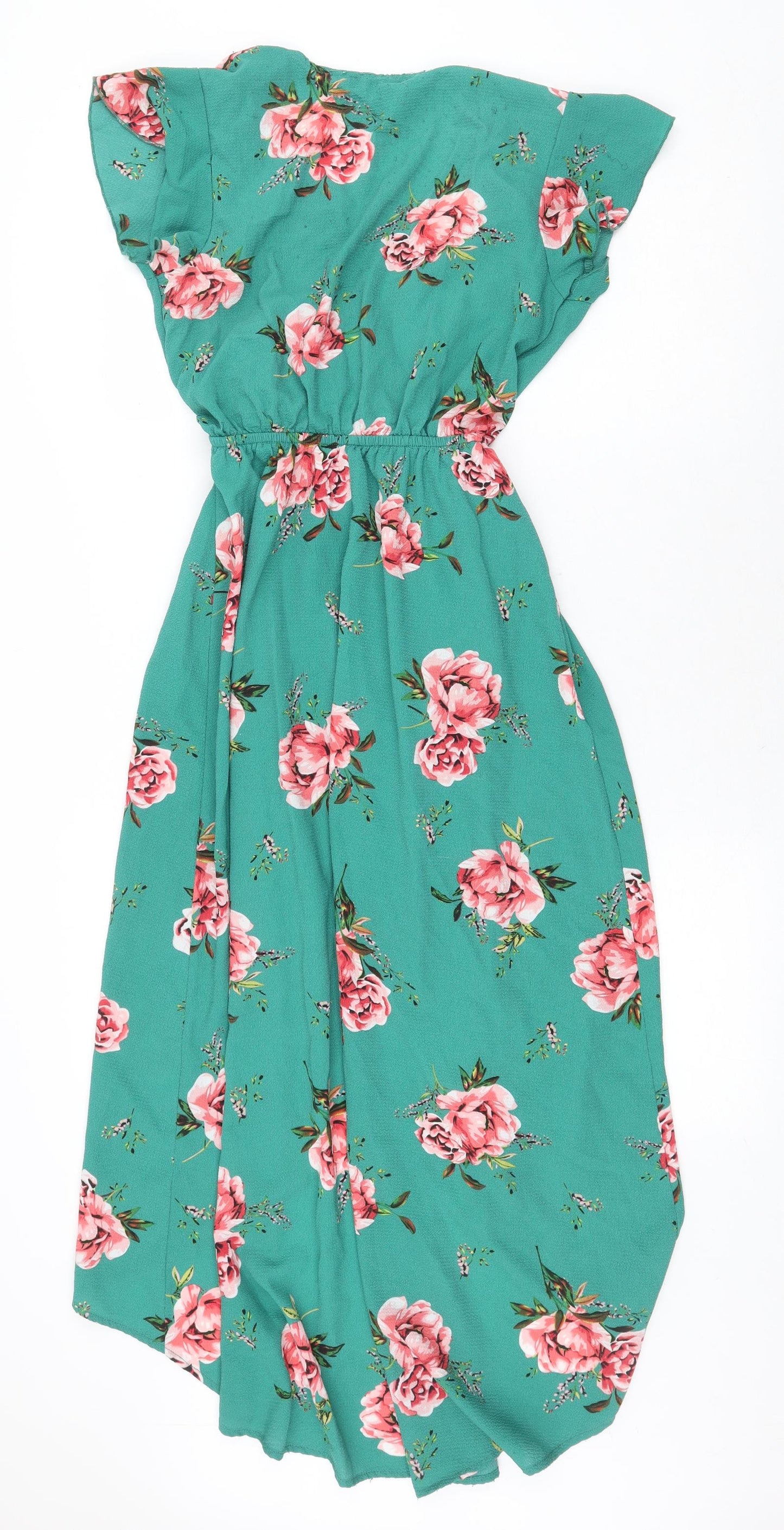 Dream Of Me Womens Green Floral Polyester Wrap Dress Size S V-Neck Tie - Faux Wrap
