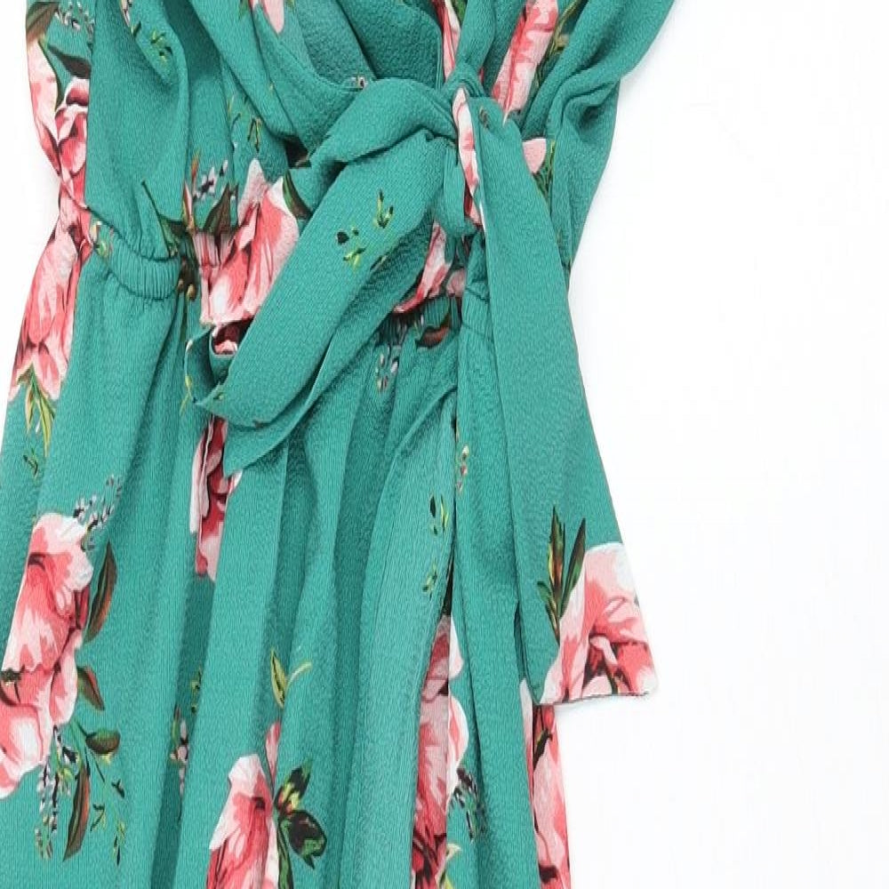 Dream Of Me Womens Green Floral Polyester Wrap Dress Size S V-Neck Tie - Faux Wrap