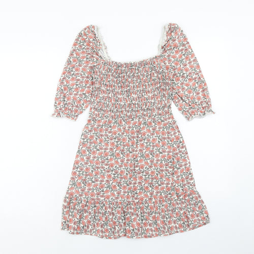 Miss Selfridge Womens Pink Floral Cotton Fit & Flare Size 8 Off the Shoulder Pullover