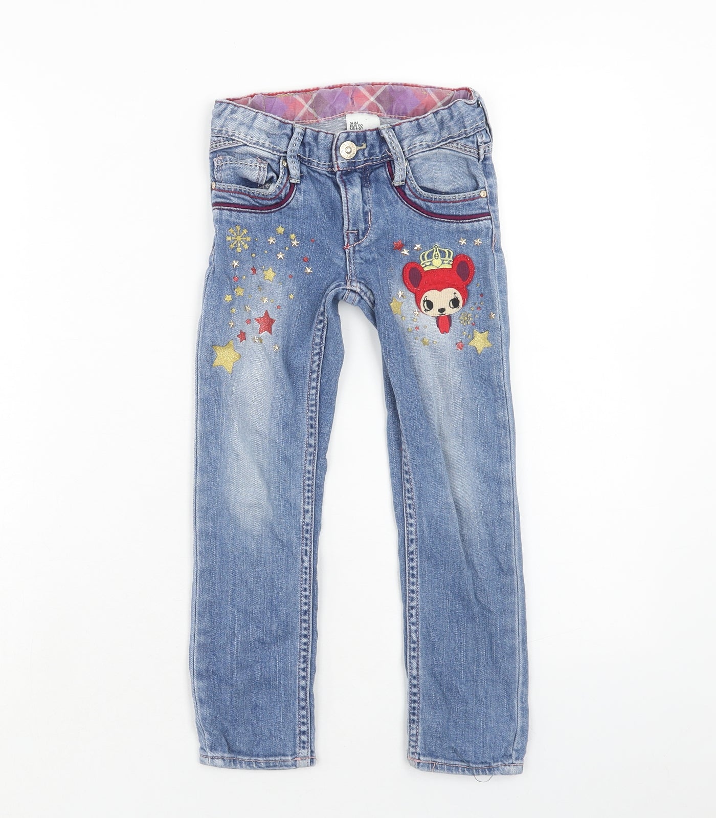 H&M Girls Blue Cotton Straight Jeans Size 4-5 Years Regular Zip