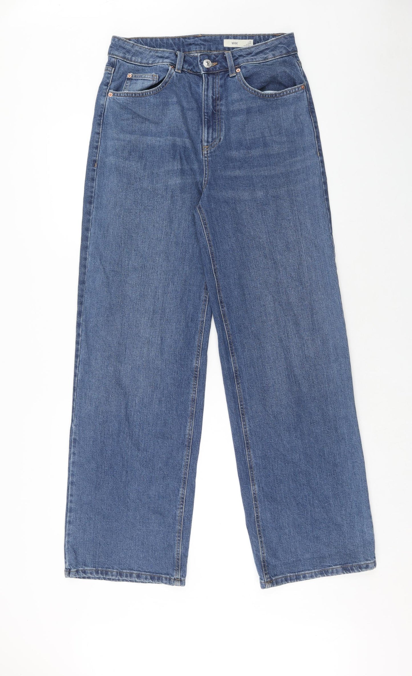 Marks and Spencer Womens Blue Cotton Wide-Leg Jeans Size 12 Regular Zip