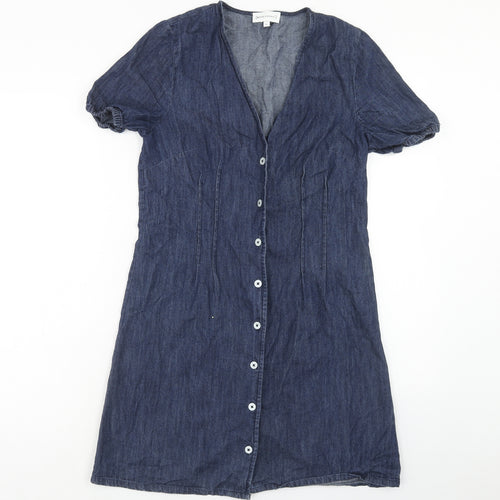 Warehouse Womens Blue Cotton A-Line Size 10 V-Neck Button